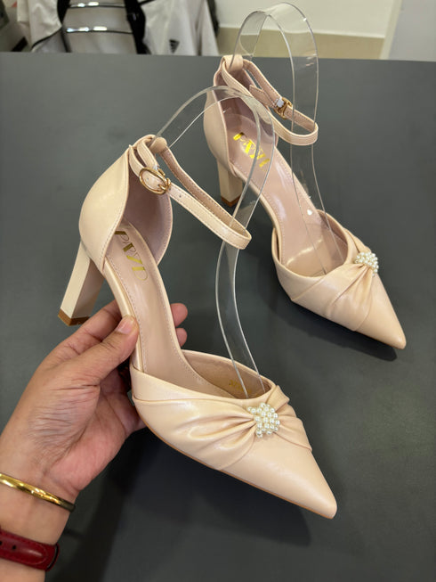 Ladies Elegant Pearl Decor Bow Pointy Toe Heel
